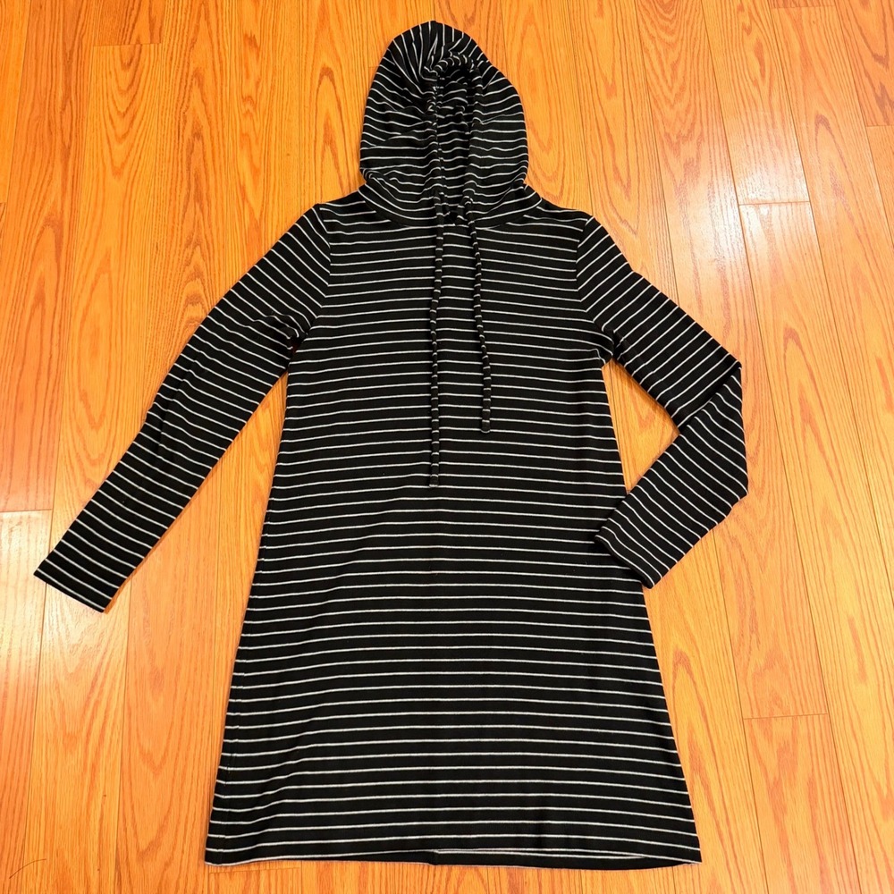 Lou‎ & Grey Womens Hoodie Dress Small Black Striped Long Sleeve Mini Loungewear